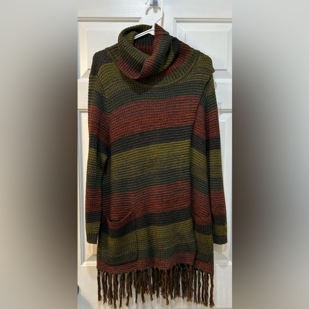 Women's Faux Wrap Tunic Sweater Sz L Boho Fringe Fall Festive Holiday Cowl Neck